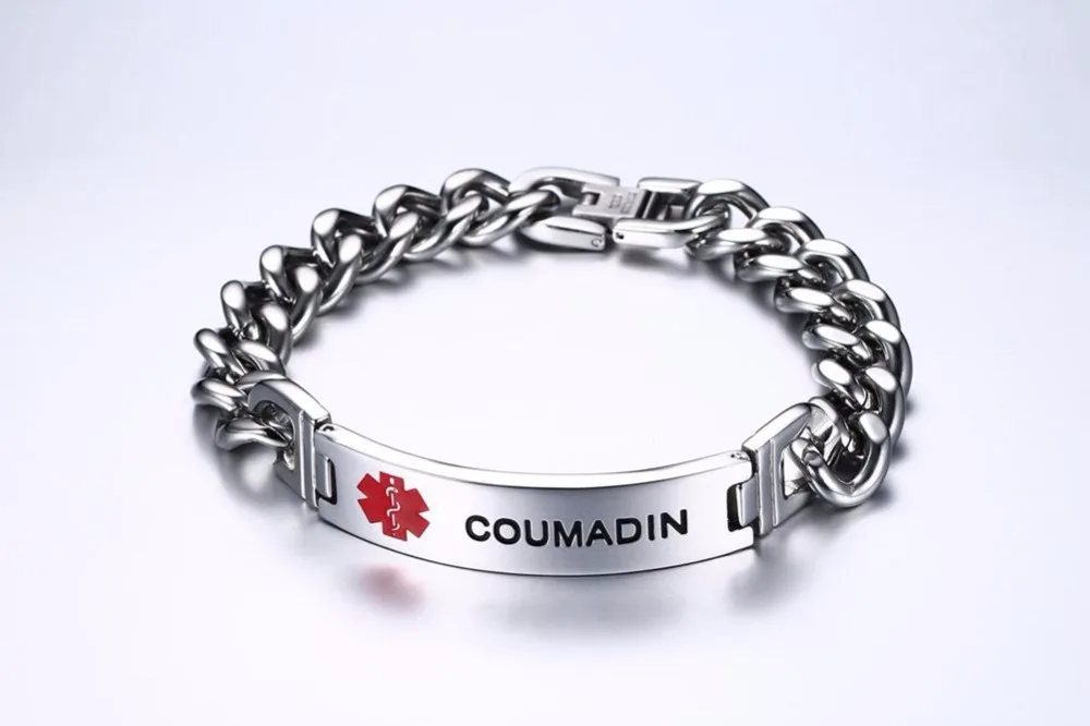 Mens Medical Alert ID Bracelets Stainless Steel Link Chain Wristband COUMADIN 15