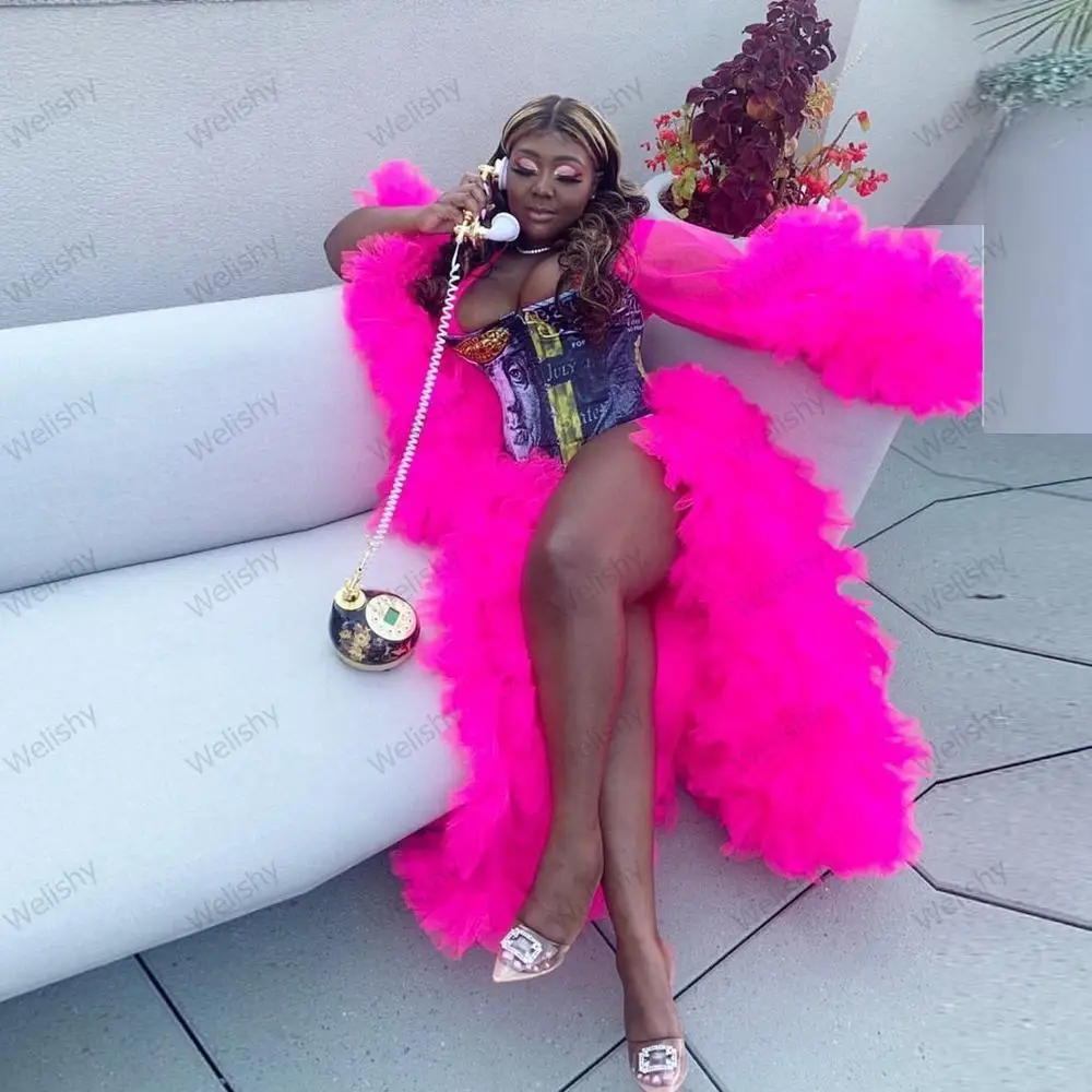 Fuchsia Ruffle Tulle Robes Women Maternity Prom Tulle Dresses Formal Evening Party Robes Photo Shoot Ball Gown Robe De Soiree