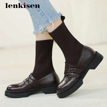 

Lenkisen sock boots real leather knitting buckle decorations preppy style thick med heel round toe young lady mid-calf boots L29