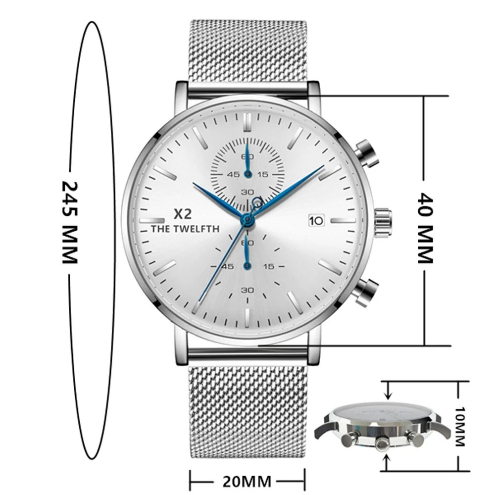 X2 THE TWELFTH New Fashion Luxury Brand Quartz Mens Watches Milan Stainless Steel Strap Business Casual Vintage Male Clock