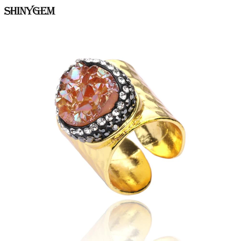 ShinyGem Модные Преувеличенные золотые кольца с большим натуральным кристаллом Druzy инкрустация цирконием