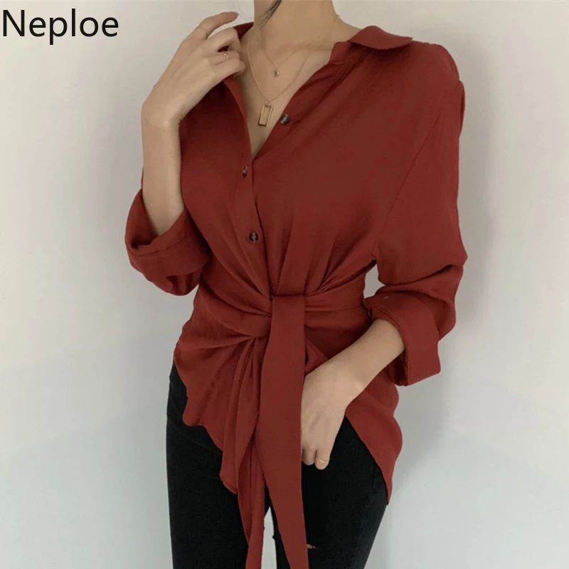 Neploe шикарная однобортная блузка с отложным воротником и длинным рукавом, приталенная кружевная неровная однотонная блузка, дизайнерская рубашка Весна