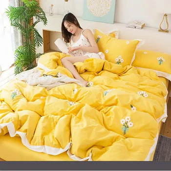 

Spring and summer European style simple net red girl bed four piece set cotton pure cotton Daisy yellow embroidered bedspread qu