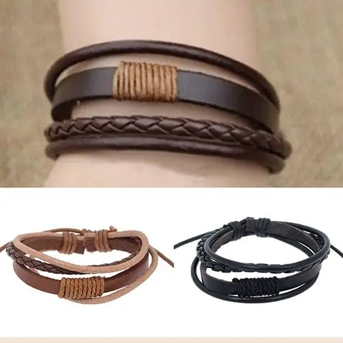 

Women Men Faux Leather Bracelet Multi-layer Handmade Knitting Bangle Wristband