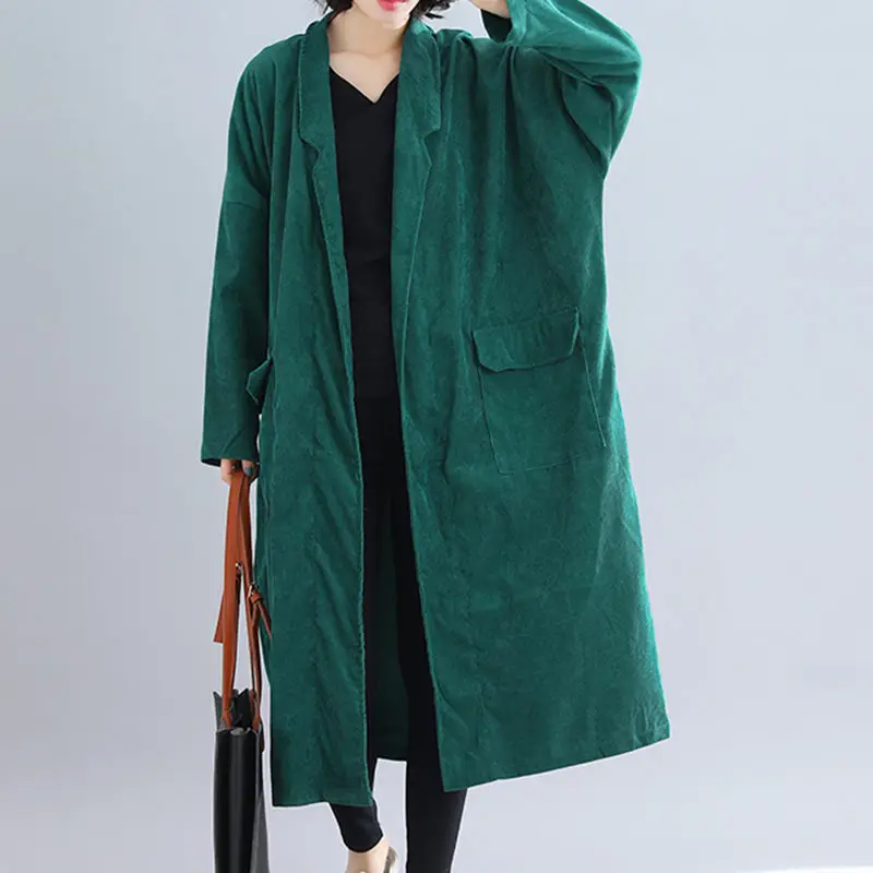 Women Corduroy Trench Coat Spring Autumn Retro Wild Large Size Long Cardigan Solid Color Casual Windbreaker Mujer Chaqueta f2888 | Женская