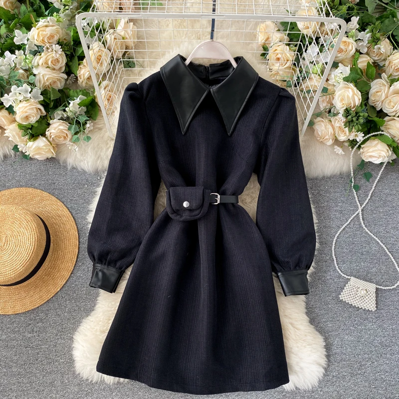 Women Dress 2020 Autumn Winter Korean Clohtes with Waist Bag Vintage Elegant Casual Long Sleeve Solid A-Line Black Short Dress