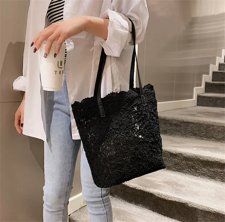 2021 New Summer Chic Girl Lace Shoulder Bag With Liner Package Women Handbag Female Tote Bags Big Capacity Foldable Beach Bag