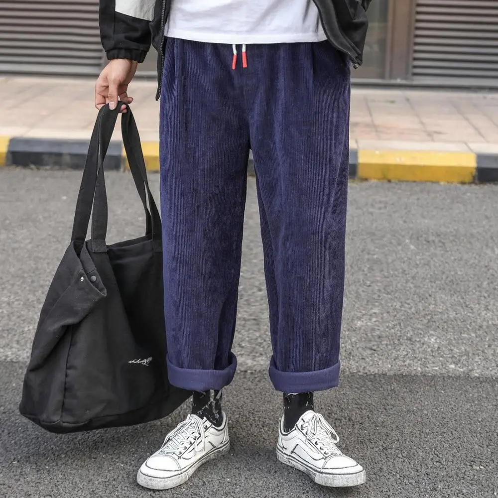 Вельветовые широкие брюки для мужчин и женщин, уличная одежда в стиле хип-хоп, повседневные брюки для мужчин,, японский эластичный пояс, свободные, одноцветные, мешковатые штаны для бега