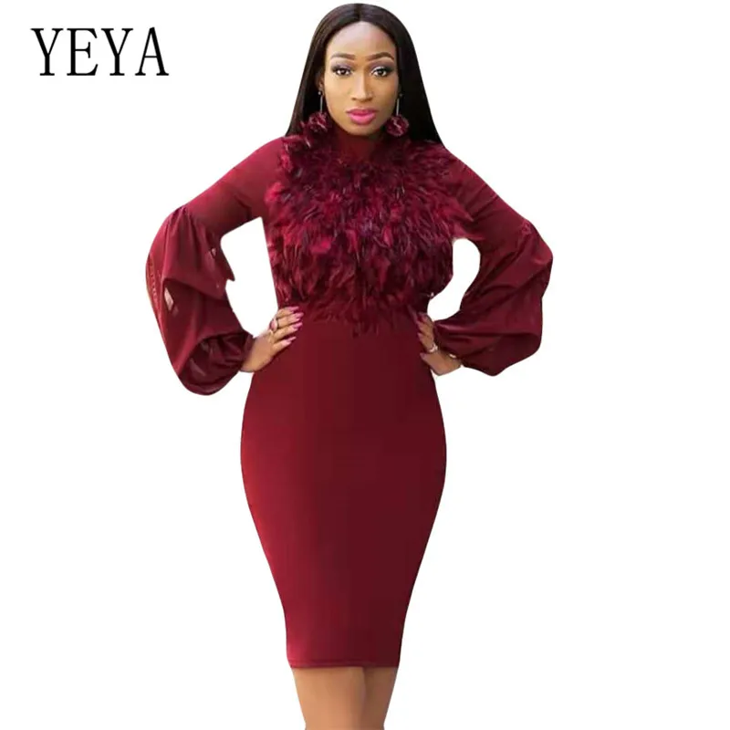

YEYA Mesh Bubble Long Sleeve Feather Skinny African Women's Dress Women Bodycon Elegant Party Outfits Sexy Club Clothes Dress