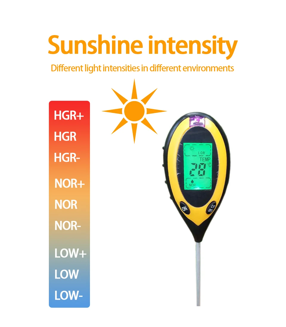 Профессиональный 4 в 1LCD почвенный рН-метр, тестер рН-влажности, измеритель температуры, интенсивности солнечного света, измерение, анализ кислотности почвы