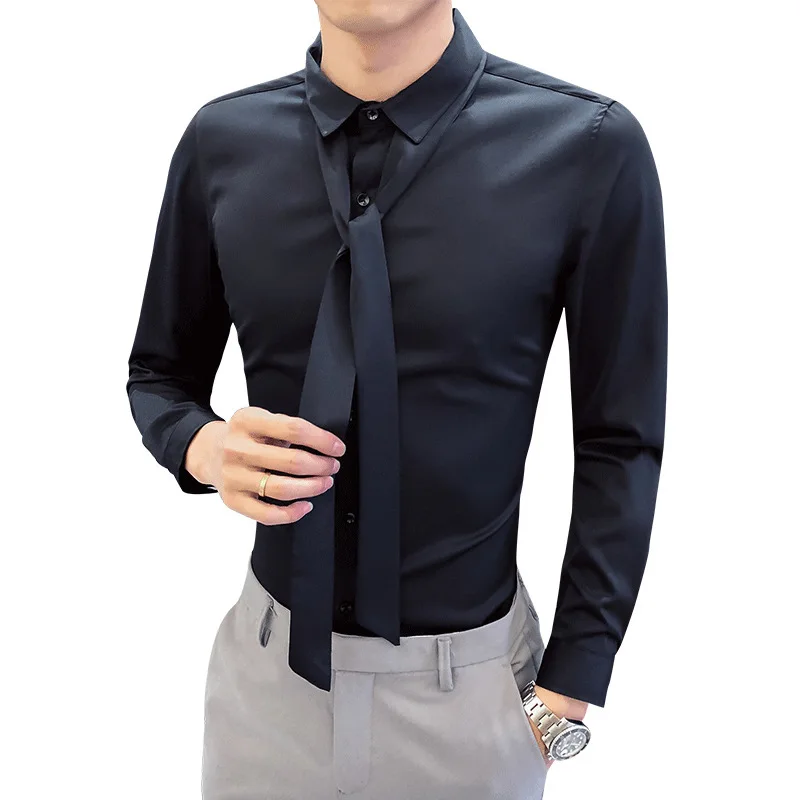 Повседневная рубашка с галстуком, мужская рубашка camisa masculina, с длинным рукавом, корейское платье, приталенный смокинг, рубашки, модные мужские Клубные вечерние рубашки