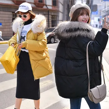 

Women Fur Collar Thickened Big Pocket Breadwear Mid-long Cotton Dress Female Down Cotton Dress Coat Long Cotton Polyester Zipper