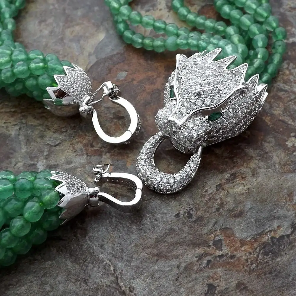 8Strands white freshwater pearl green stone necklace micro inlay zircon accessories leopard head Clasp Tassel pendant