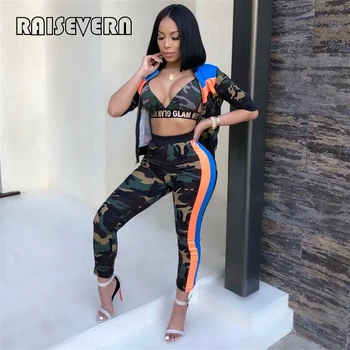 

Tracksuit 2pcs Women Set Zipper Jacket +Side Stripe Pants 2 Pieces Sets Camouflage Leopard Print Set Women Clothing