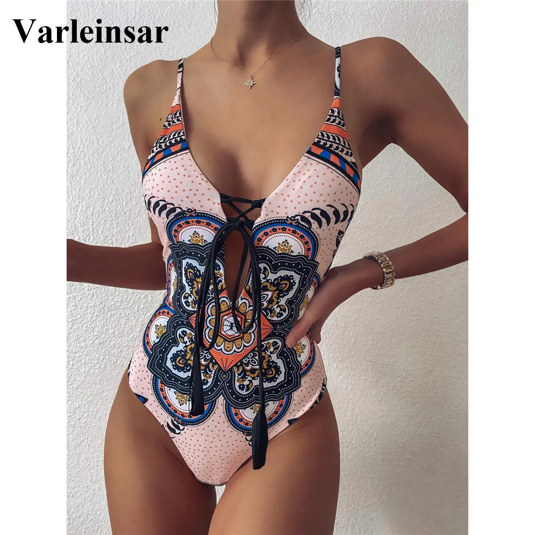 Monokini Women Swimwear Bathing-Suit Lace-Up High-Cut Printed Sexy New V2506 Female Lady