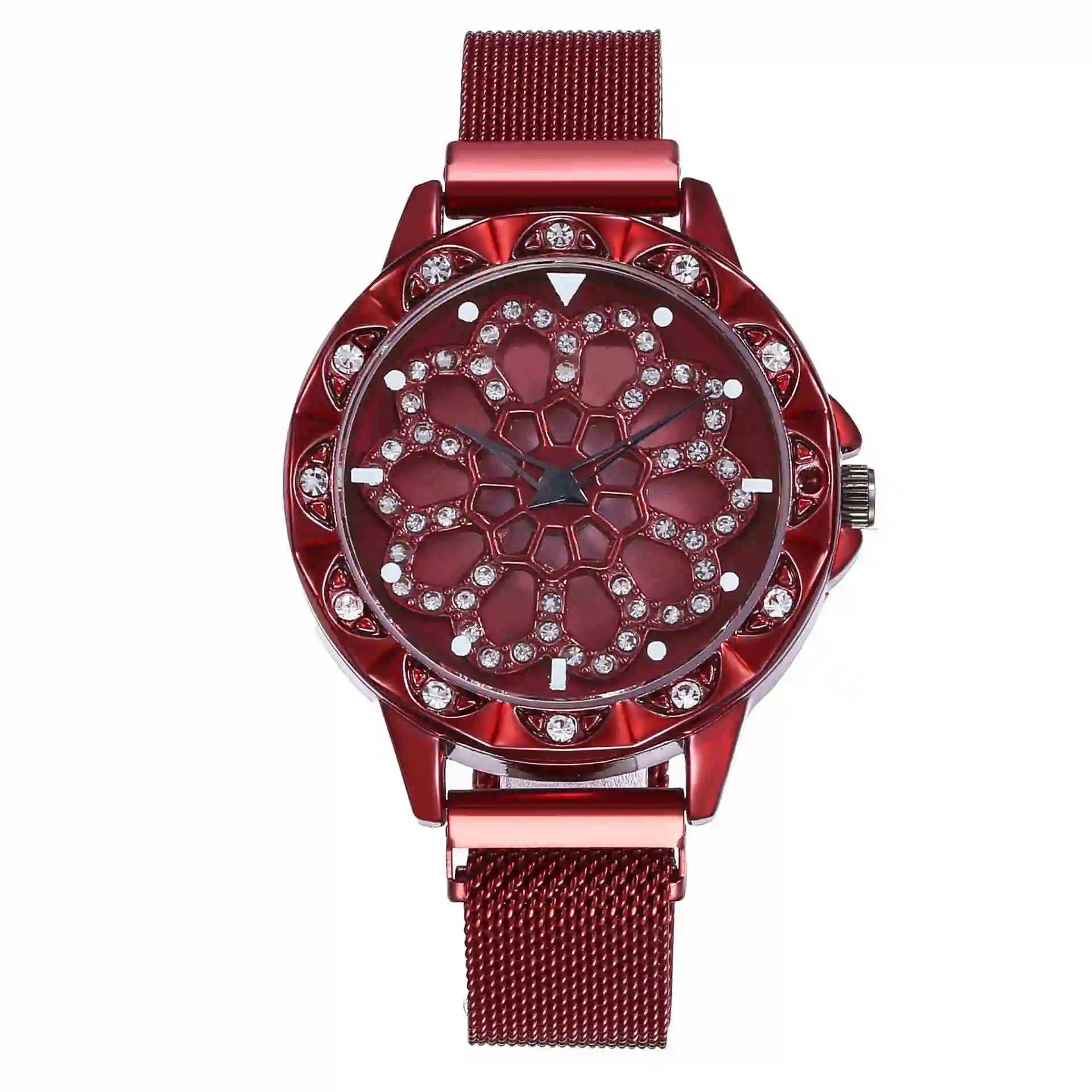 Foloy женские часы модные миланские 7 цветов вращающийся цветок горный хрусталь наручные Роскошные повседневные женские часы - Цвет: Красный