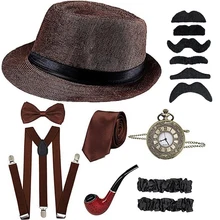 Medieval Cosplay Costumes for Men 1920S British Gentleman Hat Pipe Bow Tie Strap Pocket Watch Renaissance Streetwear Detective