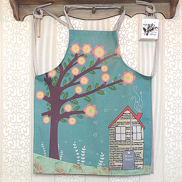 Cake and House Pattern Linen Apron Pink Cute Couple Apron Children's Painting Anti-fouling Apron Household Kitchen Apron