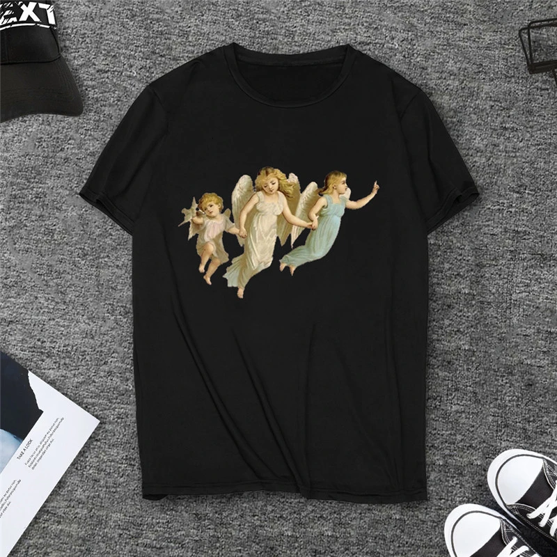 

Woman's Personality T-shirt Angel's Oil Painting Girl's Copier Harajuku's Top Loose Women's T-shirt Tshirt Women Short Sleeve