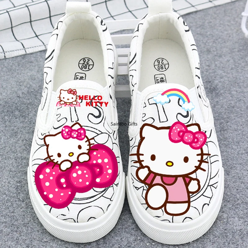 Кроссовки для девочек, расписанные вручную; Hello Kitty; детская обувь для девочек; парусиновая обувь с низким верхом; Детские кроссовки; кроссовки для маленьких девочек; Детские лоферы