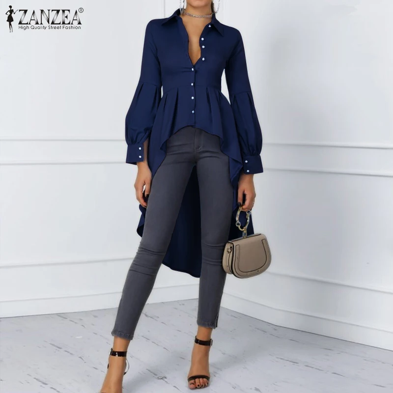 Модные женские стильные топы, блузки ZANZEA, женские рубашки с длинным рукавом-фонариком, элегантные Асимметричные Блузы туники с высокой талией, 5XL