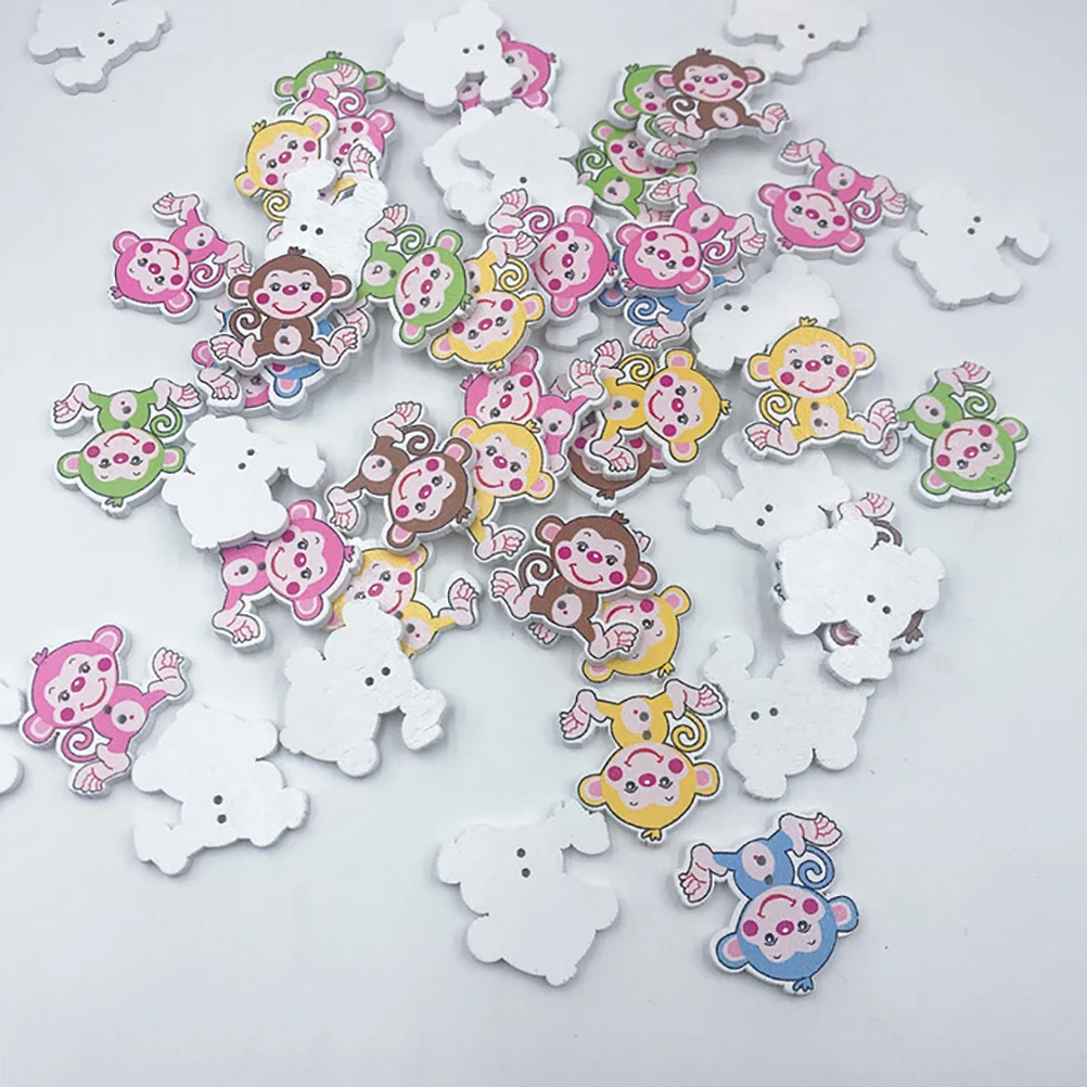 50Pcs Lovely Monkey Pattern Wooden Buttons Wooden Colored Cartoon Pattern Buttons DIY Buttons For Scrapbooking Crafts