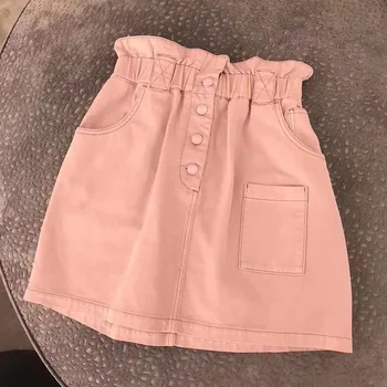 

Women Skirt Elastic High Waist Multi-pocket Pink Denim Skirt