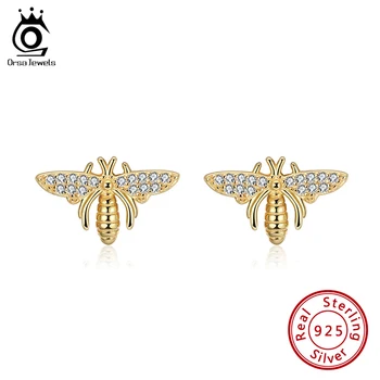 

ORSA JEWELS Gold Color Bee Stud Earrings Real 925 Sterling Silver Anti-allergy Clear CZ Small Women Stud Earrings Jewelry SE280