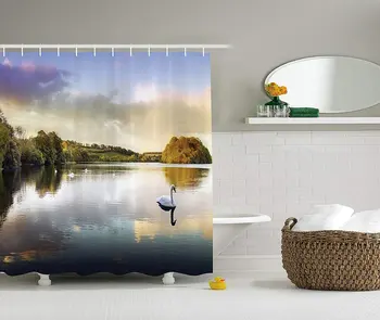 

Cottage Decor Collection, Swans Resting on a Lake Covered by Forest in the Scottish Highlands Photography, Polyester Fabric