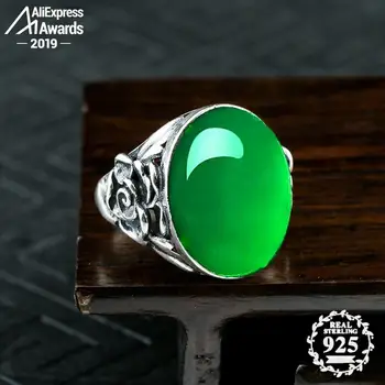 

13*18mm 6.18 Sale S925 Sterling Silver Australia Emerald Rings Jade moldevite Chinatown oriental Retro Chalcedony Jade