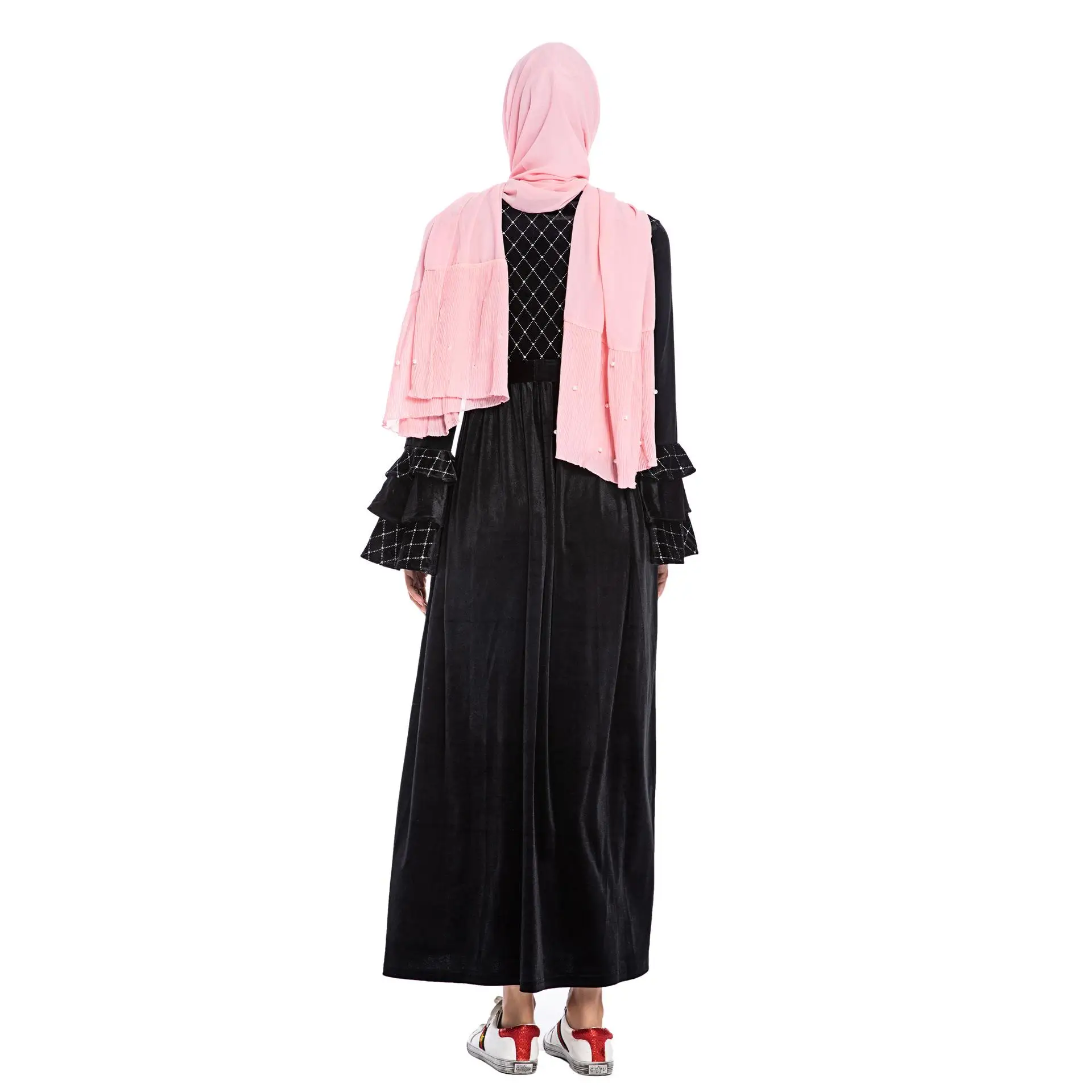 Мода мусульманский Для женщин длинными расклешенными рукавами abaya Макси платье теплый бархат кафтан халат Ислам Костюмы осень-зима свободное платье