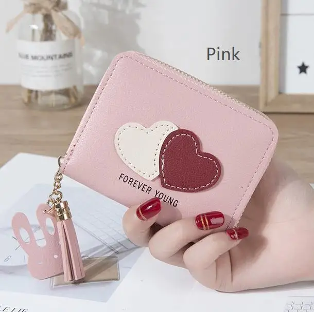 Pink Милый женский кошелек с держателем для карт, Женский кошелек с кисточкой в виде сердца, кошельки, кошельки, карманные сумки для денег, мини-сумки, складные сумки - Цвет: Pink