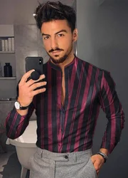 Men's Shirt New Hawaiian  Men Single Button Wild  Printed  Male Blouses  Long Sleeved Striped 2021