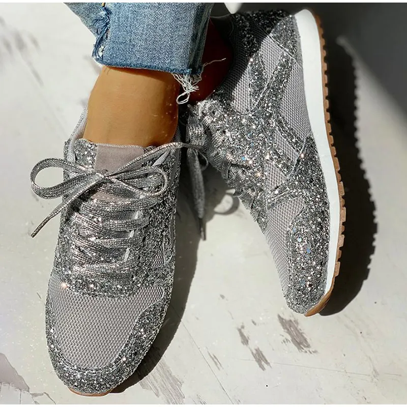 Casual Sneakers Women Flat Glitter Bling Vulcanized Shoes Female Mesh Lace Up Platform Comfort Plus Size Fashion Ladies Spring