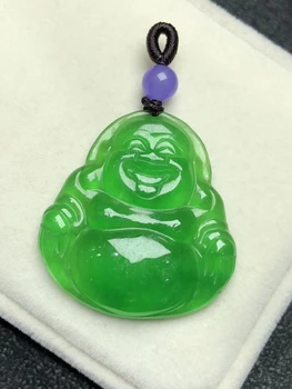 

Only One ! Natural Emerald Laughing Buddha Pendant Necklace Sweater Chain Jewelry Gift Wholesale