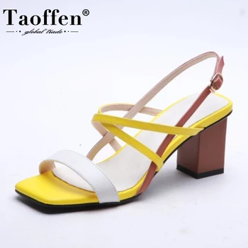 

Taoffen Women Summer Sandals Genuine Leather Mixed Color Buckle High Heels Sandals Fashion Party Woman Footwear Size 34-39