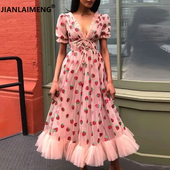 

High Quality New Women'S Fashion Party Casual Workplace Vacation Vintage Elegant Chic Mesh Embroidery V-Neck Ribbon Sexy Dress