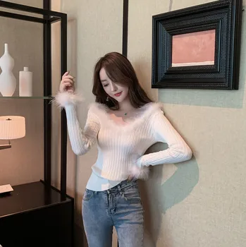 

Sexy Open Back Sweater V-Neck Fine Wool Long Sleeve Solid Slim Women's Pullover New spring Date Sweater Women