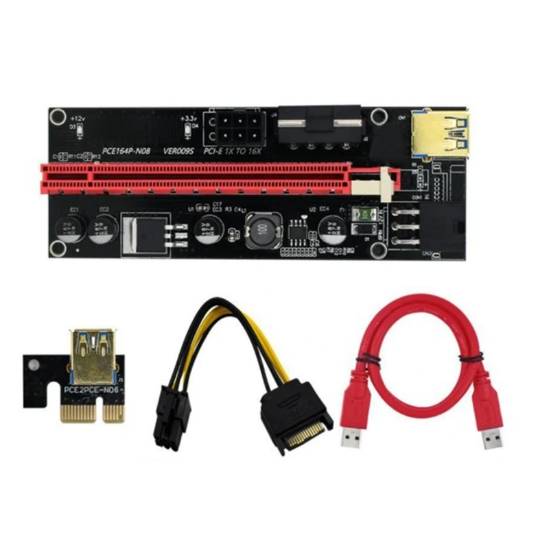 5PCS 3 in 1 PCI-E Riser Card 009S PCIE PCI E Extender USB 3.0 SATA to 6Pin Adapter Cable Mining Miner |