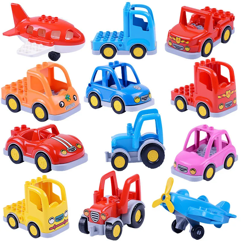 

Cartoon Car Trailer Tractor Airplane Jeep Model Plane Truck Building Blocks Educational Vehicle Toy Bricks For Children Kid Gift