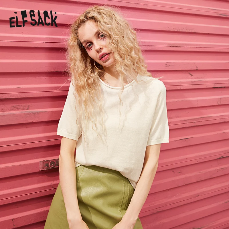 

ELFSACK Multicolor Solid Minimalist Style Casual Women T Shirts 2020 Spring Pure Short Sleeve Korean Ladies Basic Daily Top