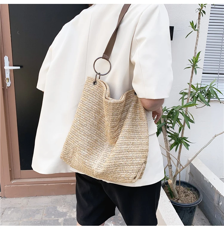 2021 New Casual Large Capacity Tote Women Straw Handbags Luxury Woven Designer Lady Shoulder Messenger Bags Female Big Purses