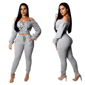 

2020 Autumn Women Off Shoulder Sets Women Fashion Long Sleeve Sweatsuit Round Neck Pullover Suits Outfit Two Piece Tracksuits