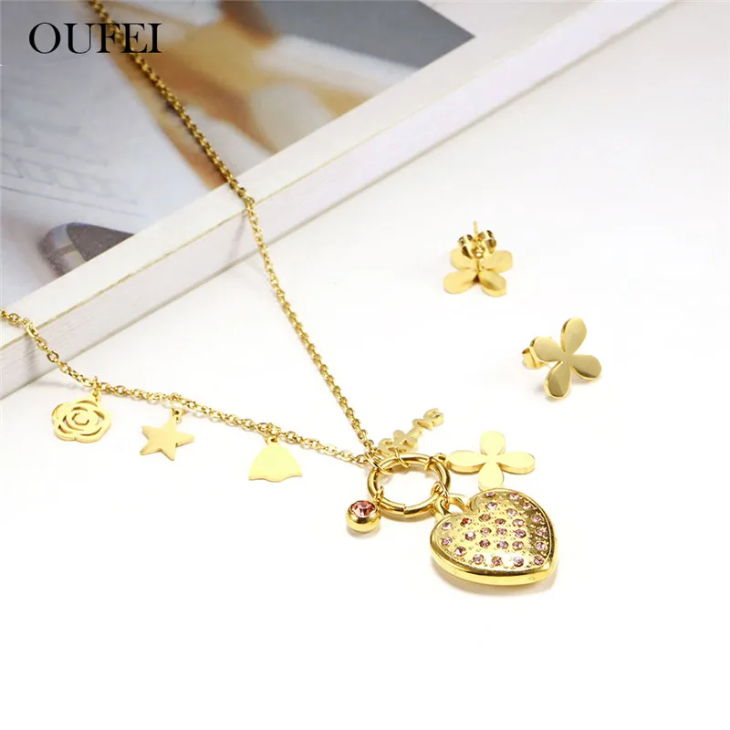 

OUFEI Heart Necklace And Earring Set Geometric Stainless Steel Jewelry Sets Jewellery Accessories Woman Vogue 2019