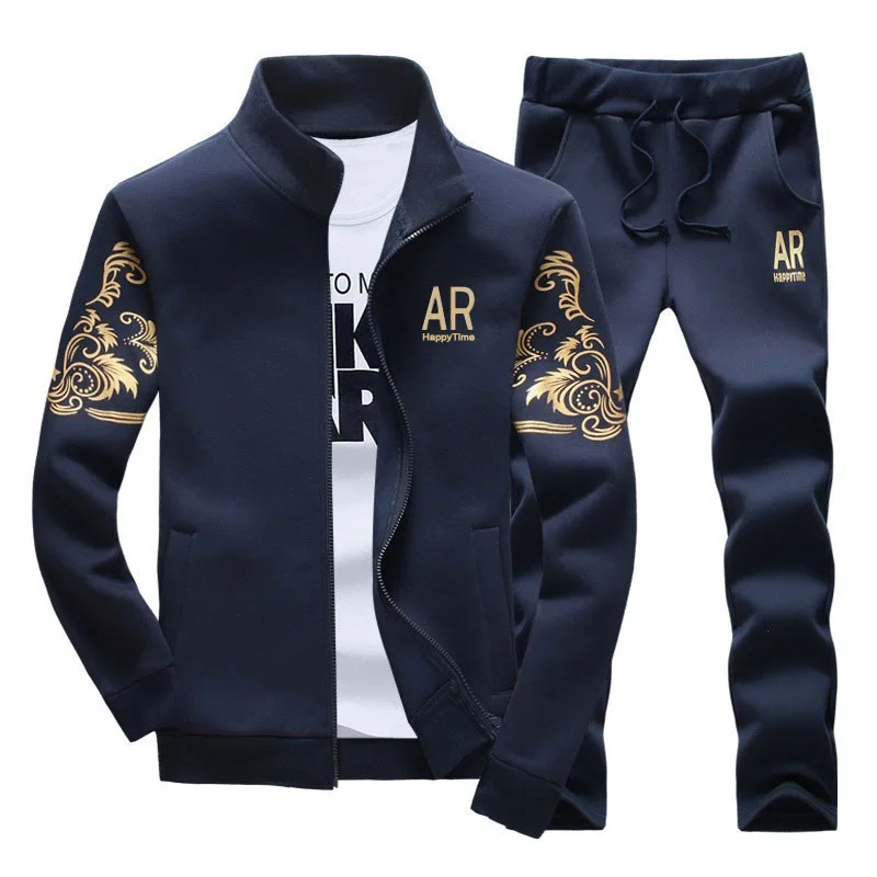 2022 men's new spring and summer fashion sports clothes casual sports suit dark blue long sleeve trousers