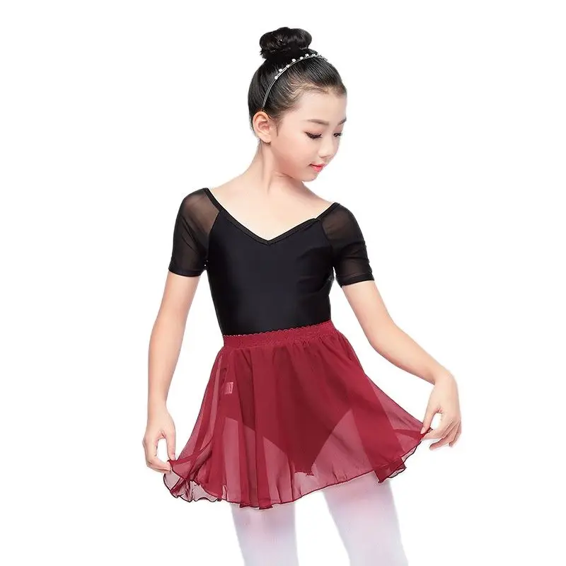 Girls Ballet Leotard Dancewear Spandex Short Sleeves Ballet Dance Class Gymnastics Chiffon Tied Skirt Set Ballerina Clothing