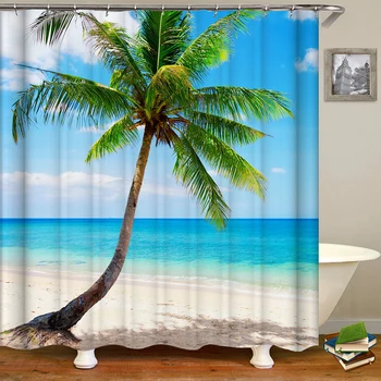 

Tropical Beach Trees Printed Shower Curtains Bathroom Curtain Fabric Funny Waterproof Shower Curtain Macrame Cortinas Home Decor