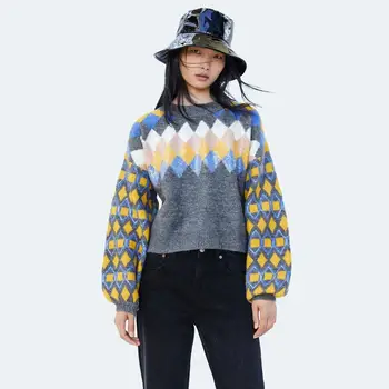 

2019 ZA Fashion Rhomboids Mohair Sweater for Women Statement O Neck Casual Soft Sweat Warm Knit Long Sleeve Femme Pullovers