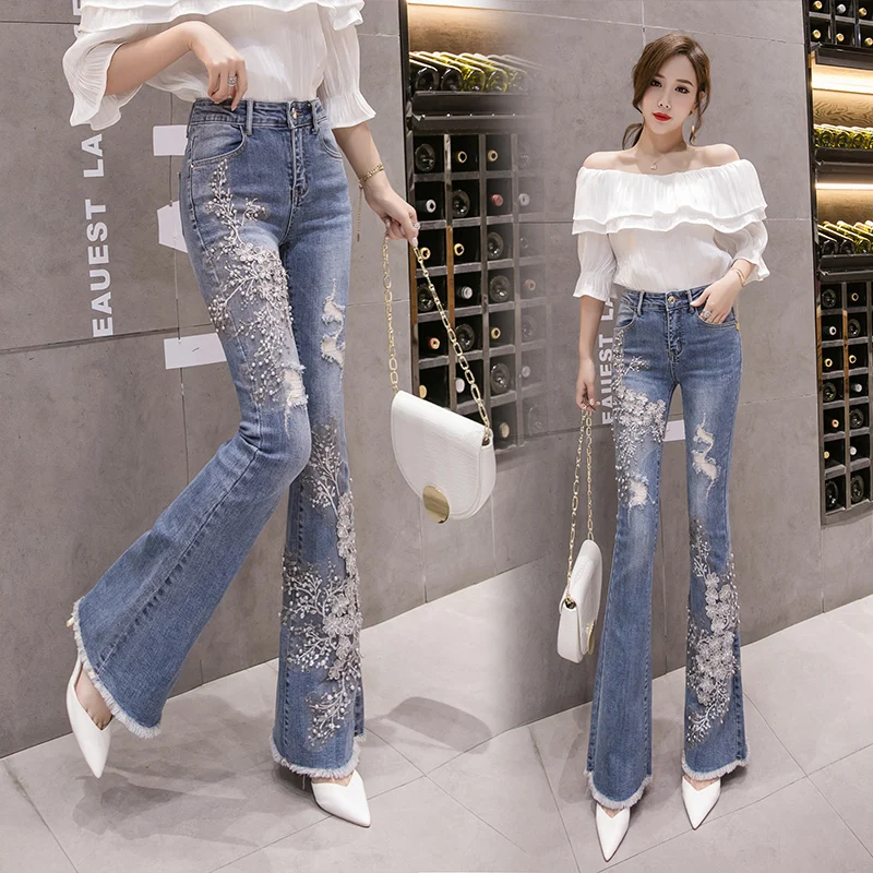 

Stretchy Women Flare Jeans Pant 3D Flower Embroidery Tassels Pearls Skinny Jeans Woman High Waist Mom Jeans Trousers