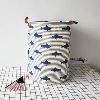 

Cotton Linen Laundry Basket Waterproof Printing Storage Basket for Clothing Sundries Toys (Fish Printing Pattern)